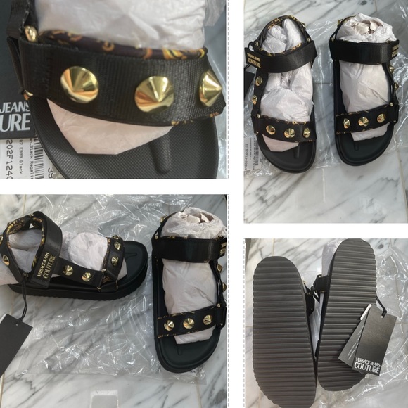 VERSACE GOLD STUDDED SANDALS , BLACK & BAROQUE PRINT WITH CHUCKY SOLES - Picture 2 of 16